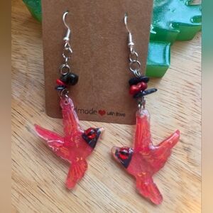 Red Cardinal Flying Bird Earrings- All Stainless Steel / Resin & Glass Eyes